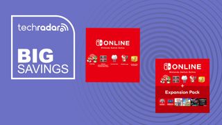 Nintendo Switch Online and Nintendo Switch Online + Expansion Pack membership icons positioned next to words saying 'TechRadar: Big savings'