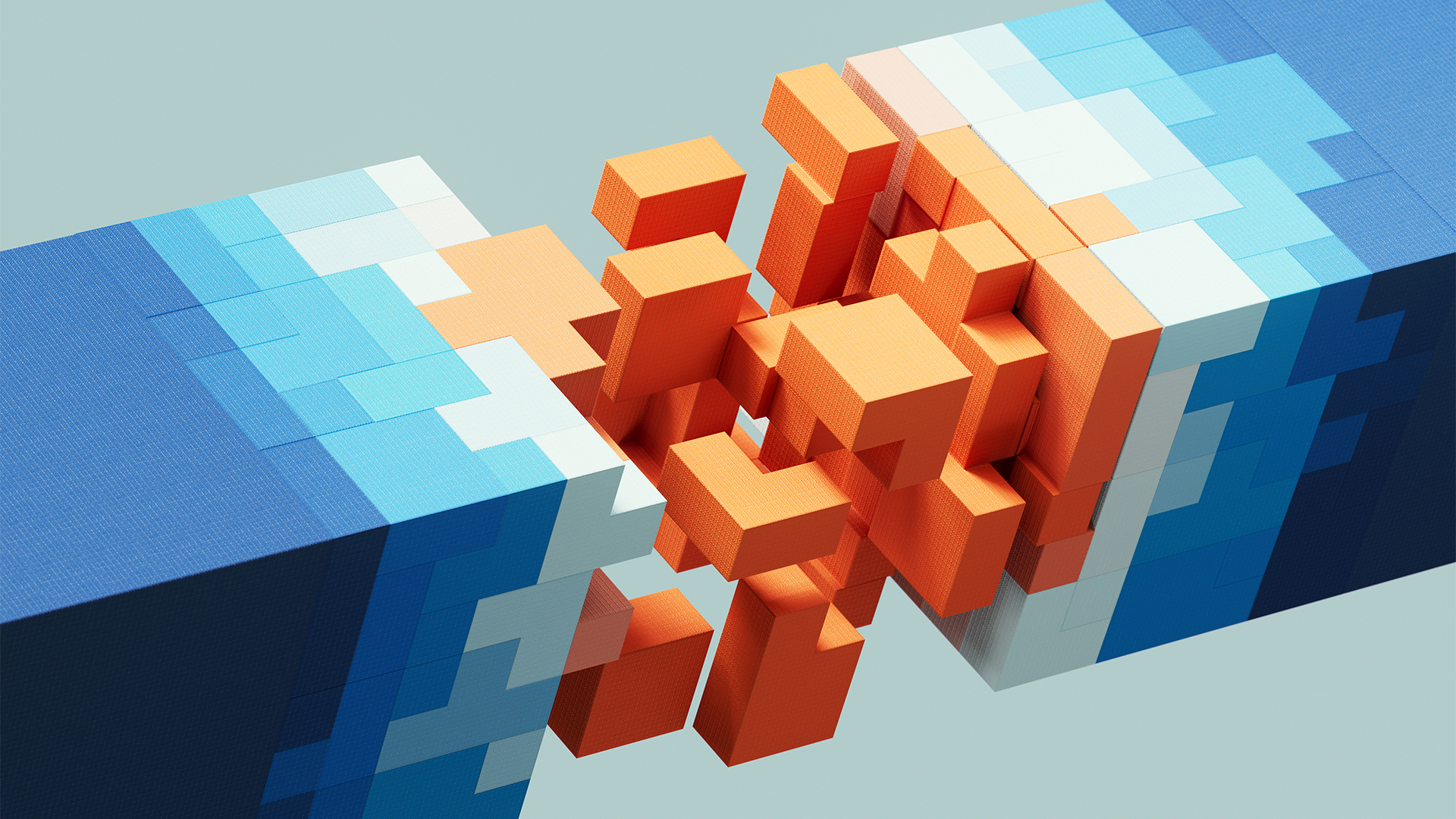Digital transformation concept image showing two horizontal pillars separated with new blocks branching out to connect both.