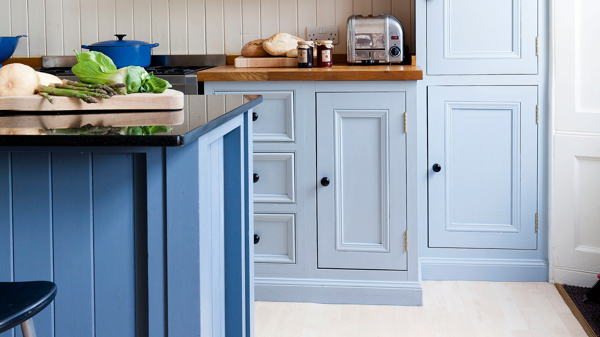 Blue painted kitchen units
