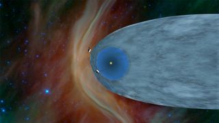 An artist's depiction of the Voyager spacecraft as they journey beyond our sun's influence.