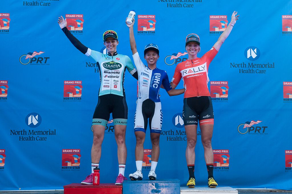 Stage 3 Podium: Kimberley Wells (Colavita/Bianchi), Coryn Rivera (United Healthcare), Erica Allar (Rally Cycling)