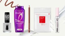 A collage featuring some of the beauty team's under-&pound;5 from brands including Rimmel, L'Or&eacute;al Paris, e.l.f, COSRX and 17. arranged in a line on a cream template with lip liner, beauty cream and gel stock images.