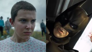 Eleven (Millie Bobby Brown) looks ahead on Stranger Things, while Batman fights with Ra's al Ghul in Batman Begins.