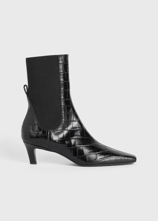 The Mid Heel Leather Boot Black Croco