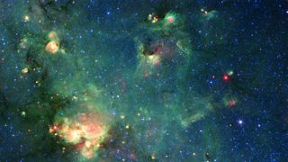 Do you see Godzilla in this picture? This image from NASA's Spitzer Space Telescope shows an infrared view of a nebula in the Sagittarius constellation that may resemble the sci-fi monster.