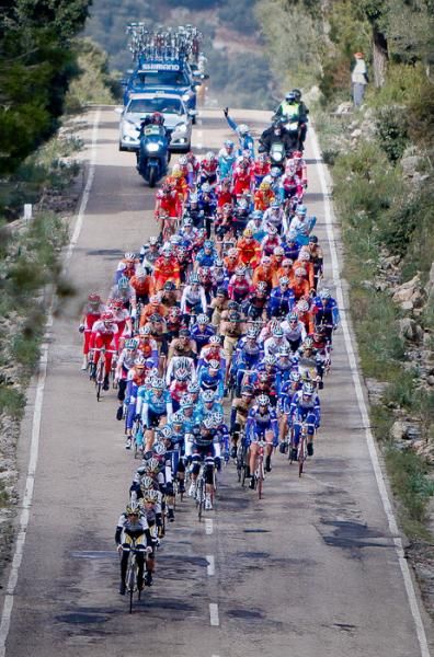 What's left of the peloton getting a short break before the start of the second category mountain, the Puig Major.