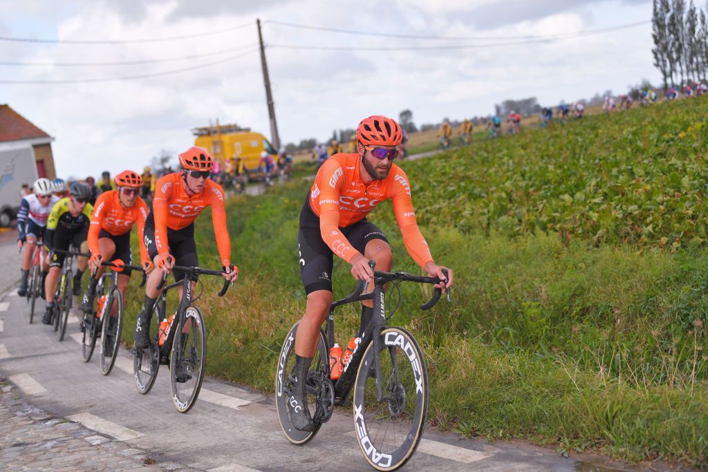WEVELGEM BELGIUM OCTOBER 11 Guillaume Van Keirsbulck of Belgium and CCC Team Nathan Van Hooydonck of Belgium and CCC Team Matteo Trentin of Italy and CCC Team during the 82nd GentWevelgem In Flanders Fields 2020 Men Elite a 2325km race from Ypres to Wevelgem GentWevelgem FlandersClassic on October 11 2020 in Wevelgem Belgium Photo by Luc ClaessenGetty Images