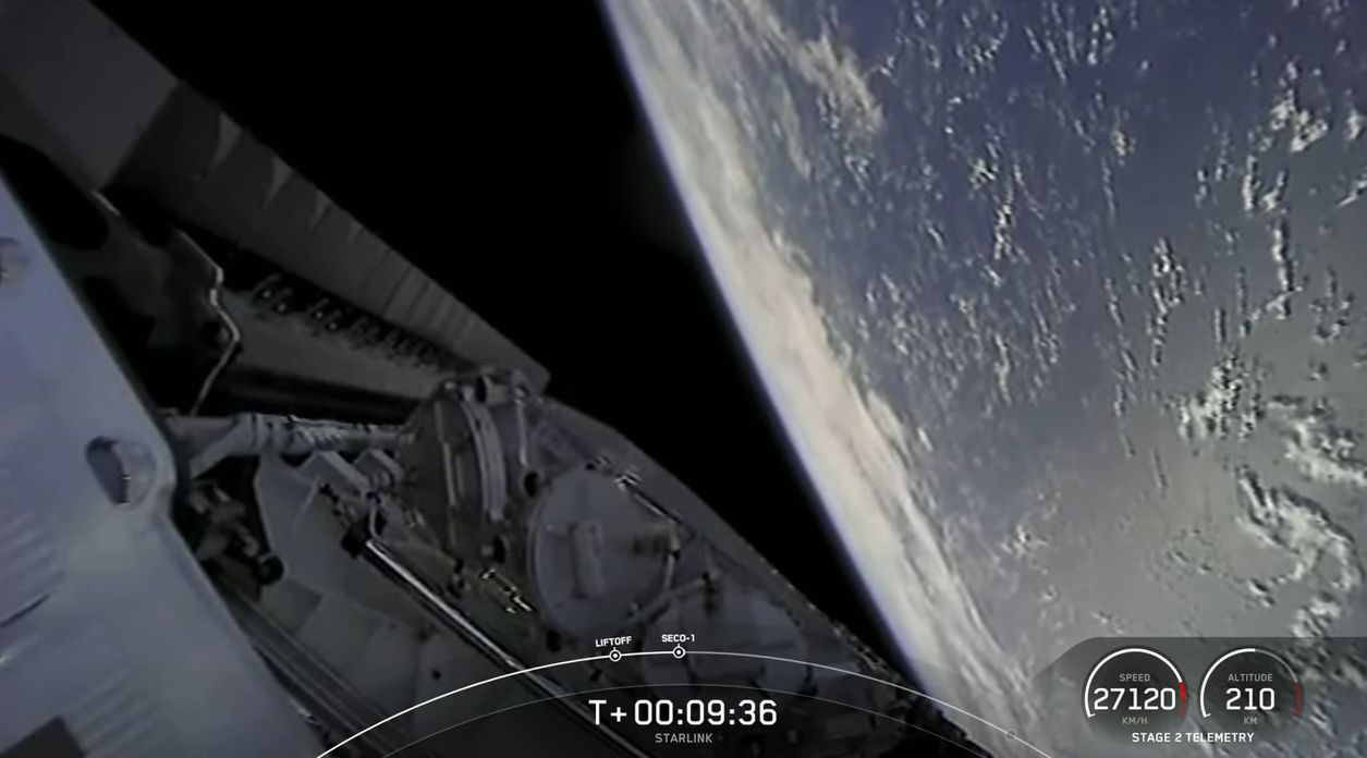A view of the 48 Starlink internet satellites in stacked formation launched by SpaceX on a Falcon 9 rocket on March 9, 2022.