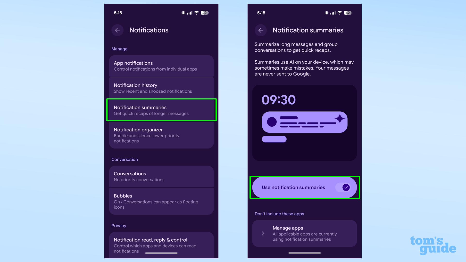 Pixel AI notification summaries location and toggle
