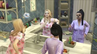 Two The Sims 4 characters wear pajamas and look at themselves in the mirror.