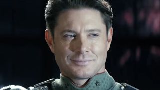 Close-up of Soldier Boy's snidely smiling face in Vought Rising