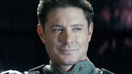 Close-up of Soldier Boy's snidely smiling face in Vought Rising