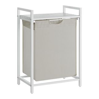 A white frame with a grey laundry basket inside