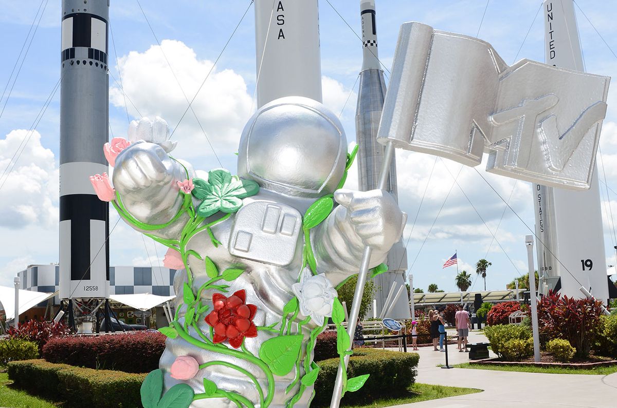 A life-size statue of artist Kehinde Wiley&#039;s reimagined MTV &quot;Moon Person&quot; trophy was revealed in the rocket garden at NASA&#039;s Kennedy Space Center Visitor Complex in Florida on Sunday, Aug. 1, 2021.