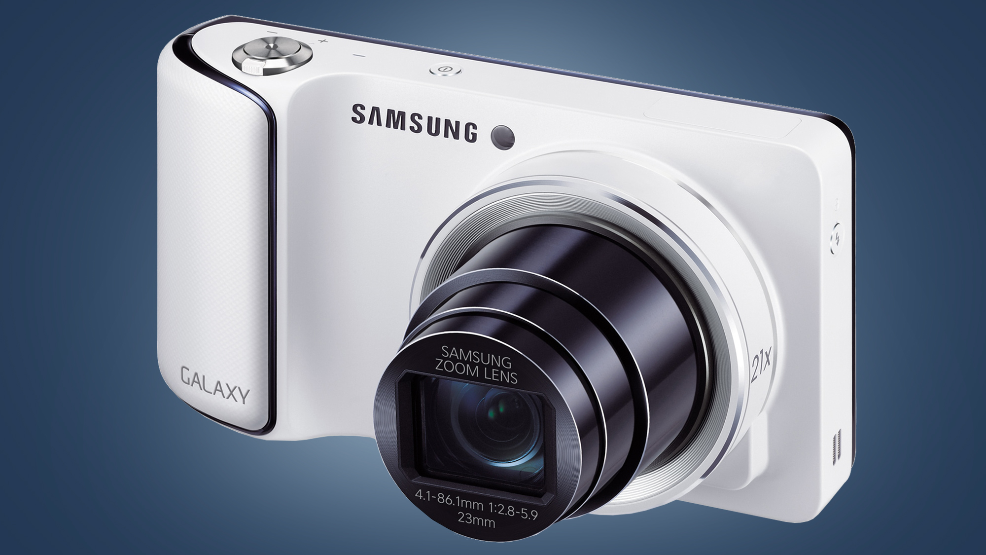 The Samsung Galaxy Camera on a blue background