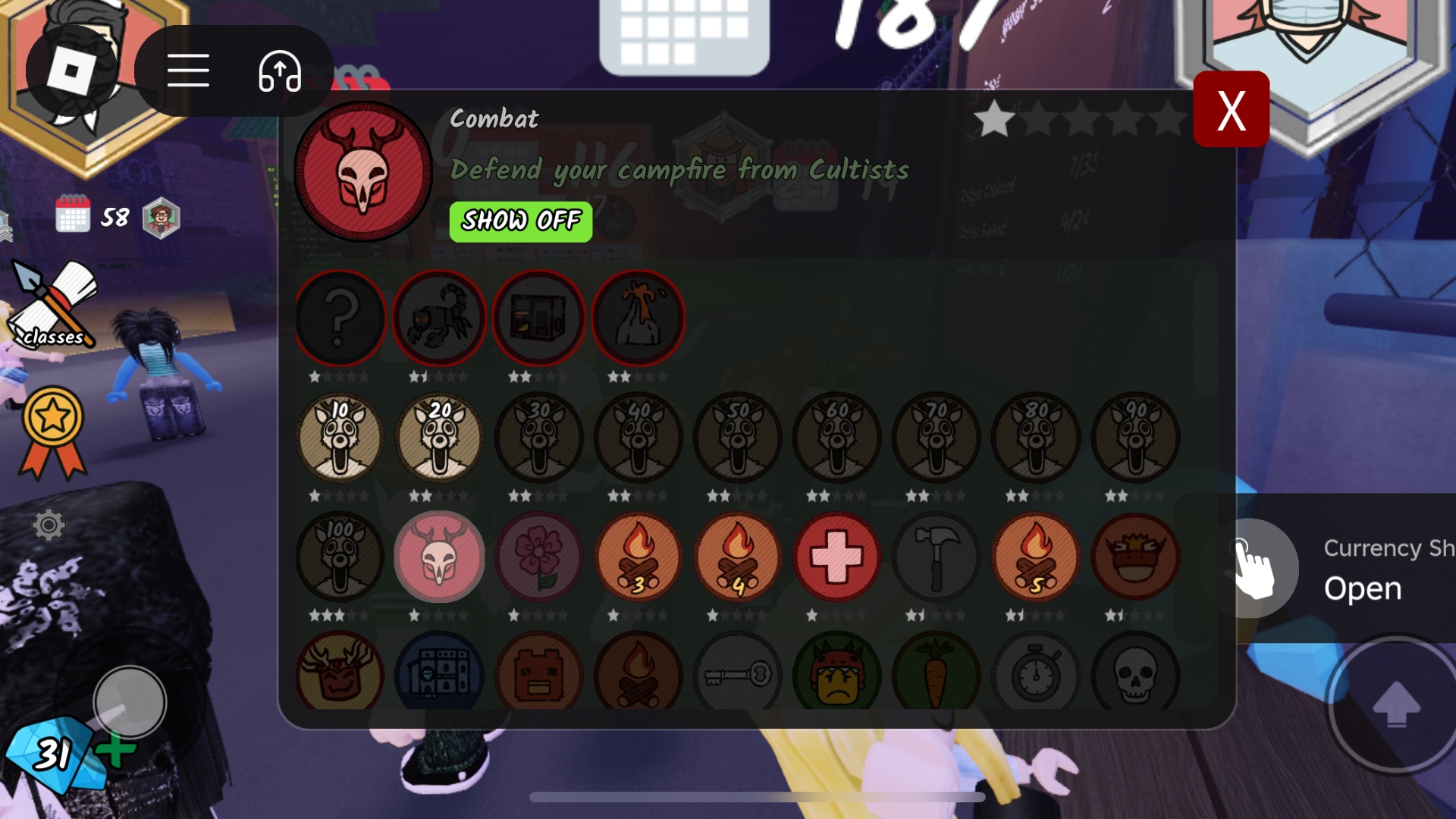 Badges menu in Roblox 99 Nights in the Forest