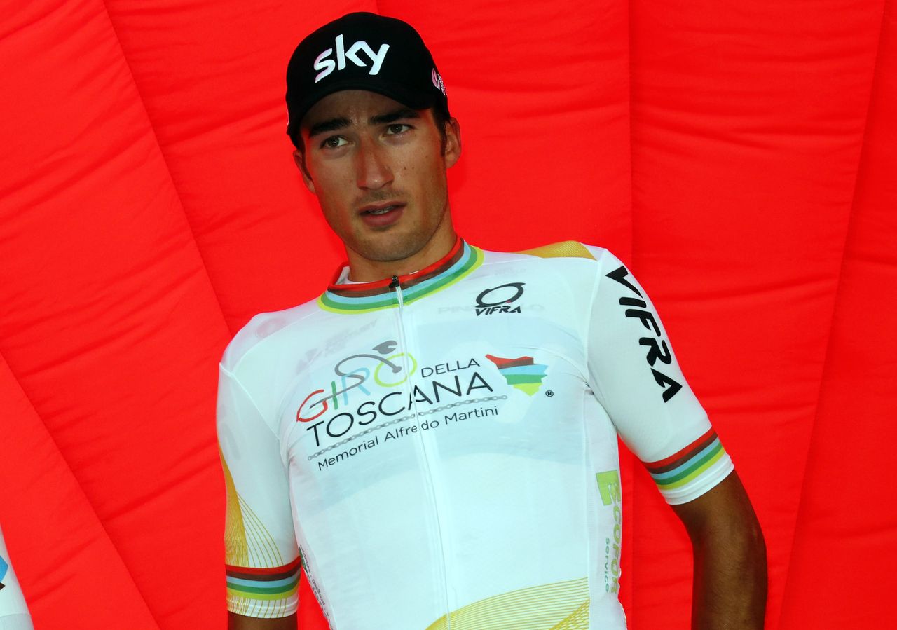 Gianni Moscon on the podium at the Giro della Toscana