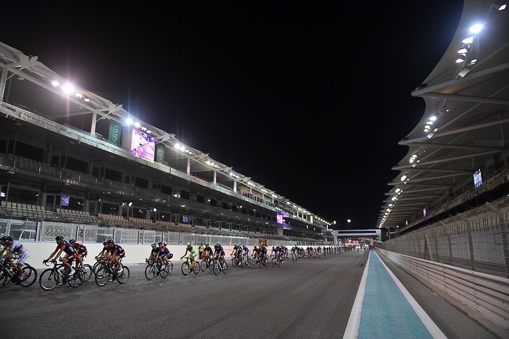 The Abu Dhabi peloton in action at the Yas Marina Formula One track.