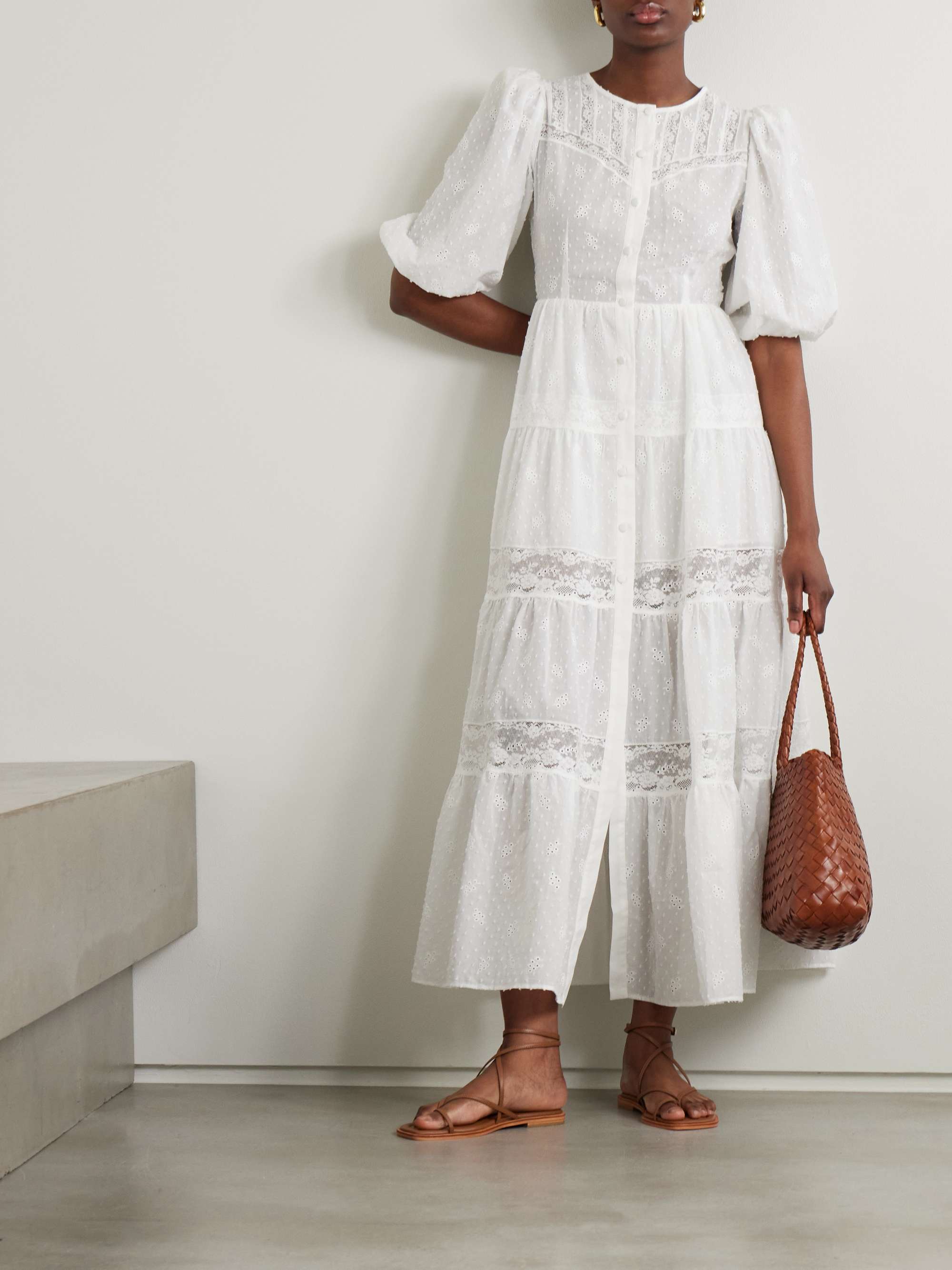 Poppi Lace-Trimmed Tiered Broderie Anglaise Cotton Maxi Dress