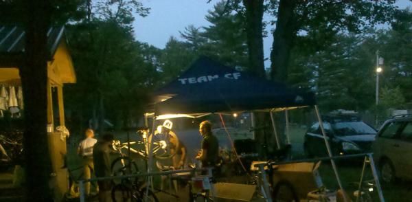 Mechanics Shane and Matt stay up late to take care of Team CF's bikes during the Trans-Sylvania Epic