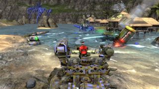 Best mech games - In Iron Brigade, a player pilot deploys their mech in turret mode to gun down an encroaching enemy wave.