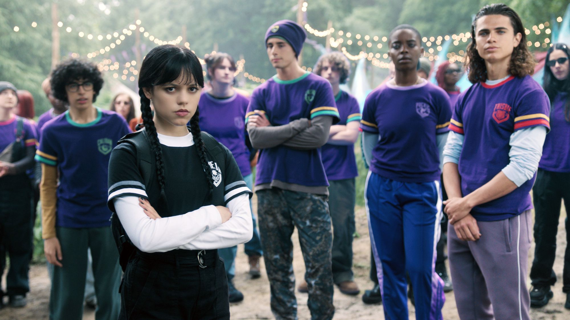 Moosa Mostafa, Jenna Ortega, Georgie Farmer, Joy Sunday, Oliver Watson in Wednesday season 2