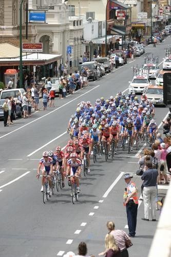 The peloton on its way through the town of Gawler