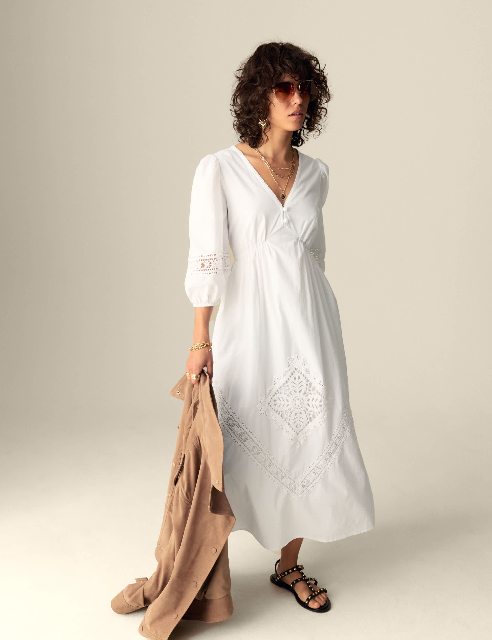 Pure Cotton V-Neck Crochet Detail Midaxi Waisted Dress