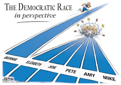 Political Cartoon U.S. democratic race Bernie Sanders frontrunner nominees squabble