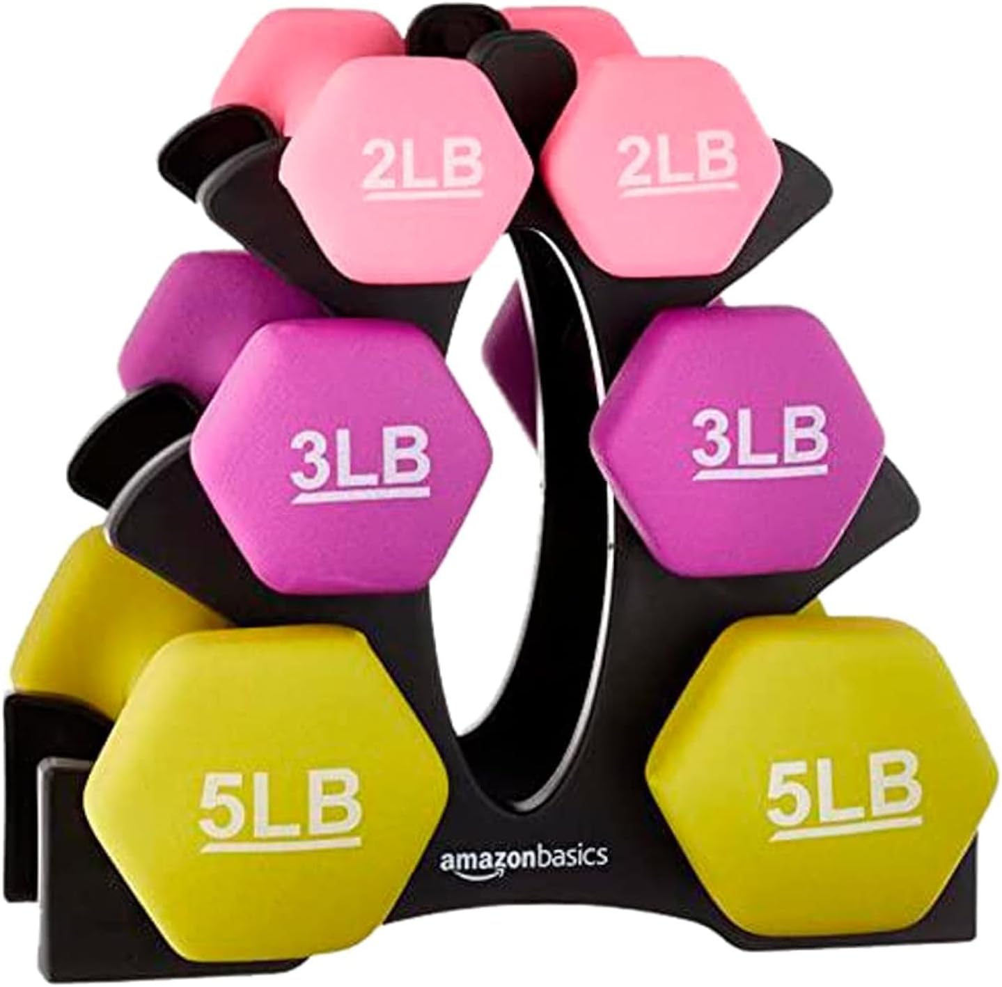 Amazon Basics Neoprene Dumbbell Hand Weights, Rack With 3 Pairs (2, 3, and 5 Pound), Pink/purple/green