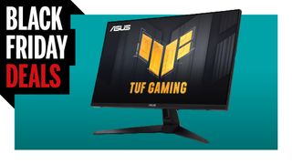 Black Asus monitor on blue background with Black Friday Deals logo
