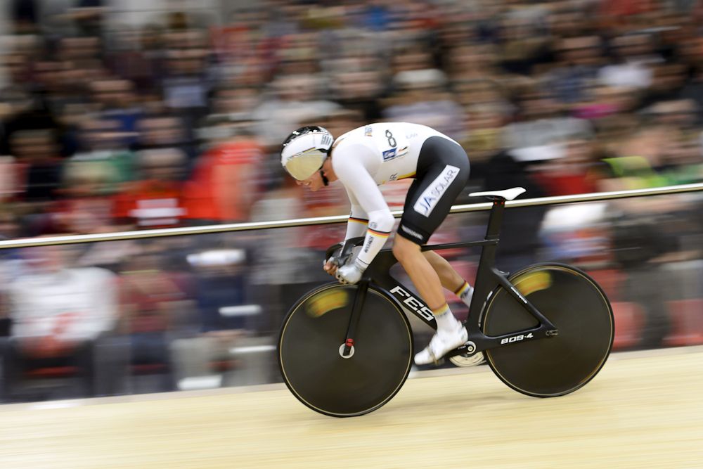 Third placed, Lucas Liss of Germany rides during the Men's Omnium Flying Lap