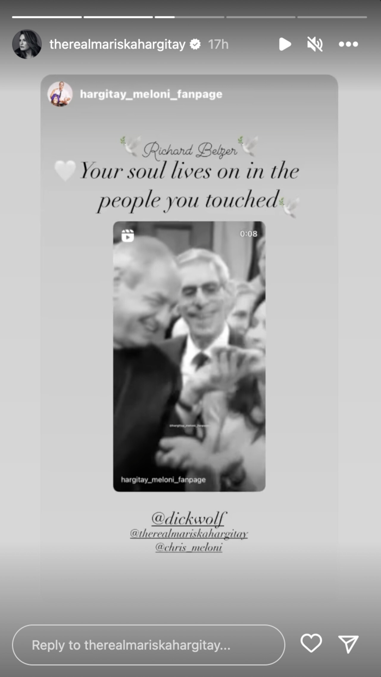 Mariska Hargitay shares birthday tribute to Richard Belzer on her Instagram Story.