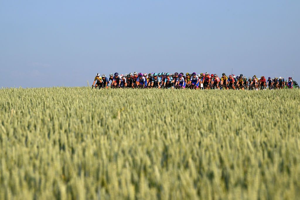 WEINFELDEN SWITZERLAND JUNE 17 A general view of the peloton competing during the 3rd Tour de Suisse Women 2023 Stage 1 a 56km stage from Weinfelden to Weinfelden UCIWWT on June 17 2023 in Weinfelden Switzerland Photo by Dario BelingheriGetty Images