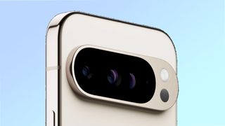 Closeup of Google Pixel 9 Pro cameras.