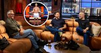 Gary Lineker, Niall Horan and Joe Cole on the set of The Rest Is Football in Times Square. An inset picture shows Gary Lineker hosting Match of the Day in just his pants