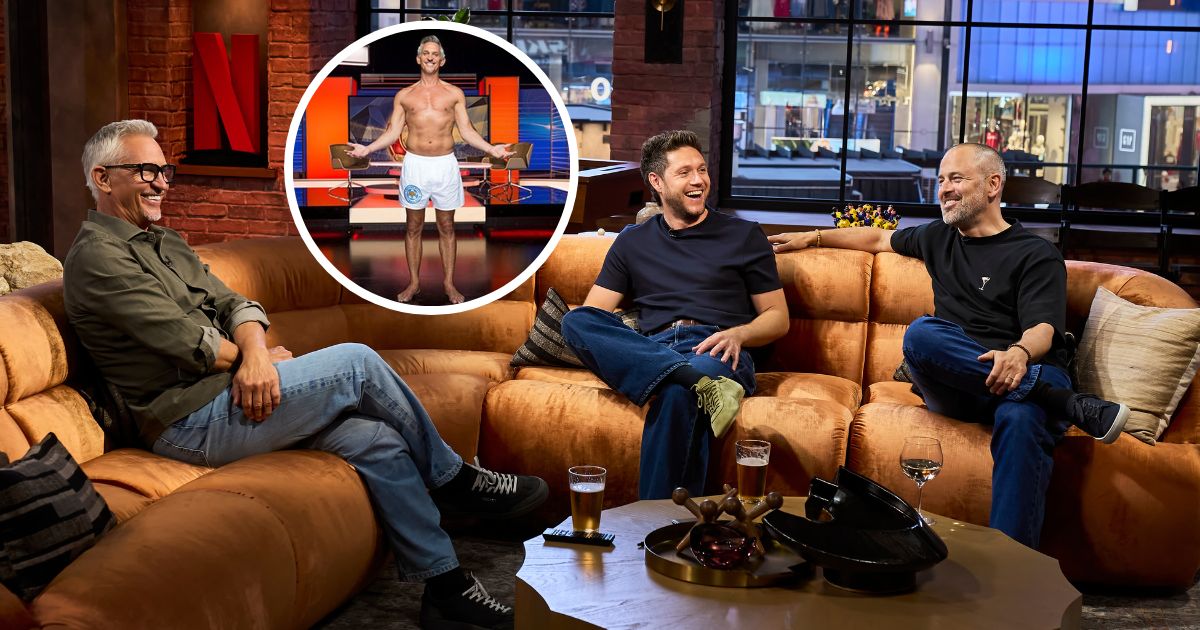 Gary Lineker, Niall Horan and Joe Cole on the set of The Rest Is Football in Times Square. An inset picture shows Gary Lineker hosting Match of the Day in just his pants