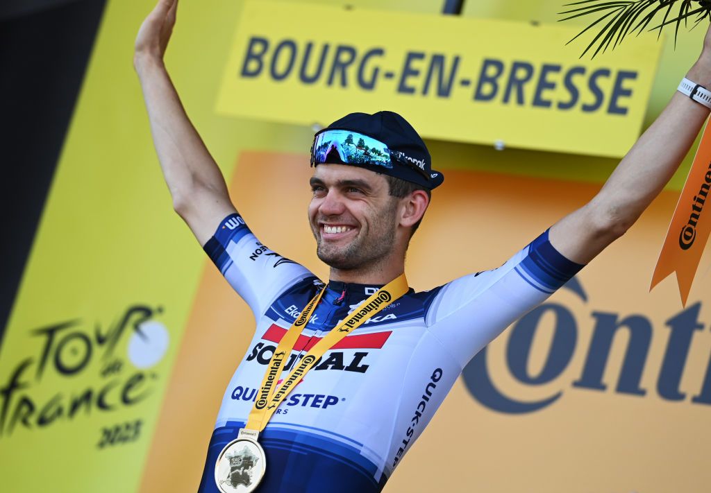 BOURGENBRESSE FRANCE JULY 20 Kasper Asgreen of Denmark and Team Soudal Quick Step celebrates at podium as stage winner during the stage eighteen of the 110th Tour de France 2023 a 1849km stage from Motiers to BourgenBresse UCIWT on July 20 2023 in BourgenBresse France Photo by Tim de WaeleGetty Images