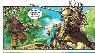 Image from the Predator: 1718 comic. A man is yelling "That treasure is mine, demon!" whilst firing a rifle at the creature Predator. There is a treasure chest and a pile of valuables behind Predator.