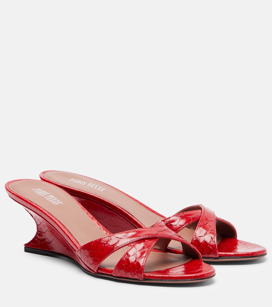Nina 50 Croc-Effect Patent Leather Wedge Mules in Red - Paris Texas
