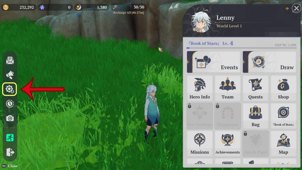 The Seven Deadly Sins - In-game menu with an arrow pointing middle left at a cog wheel.
