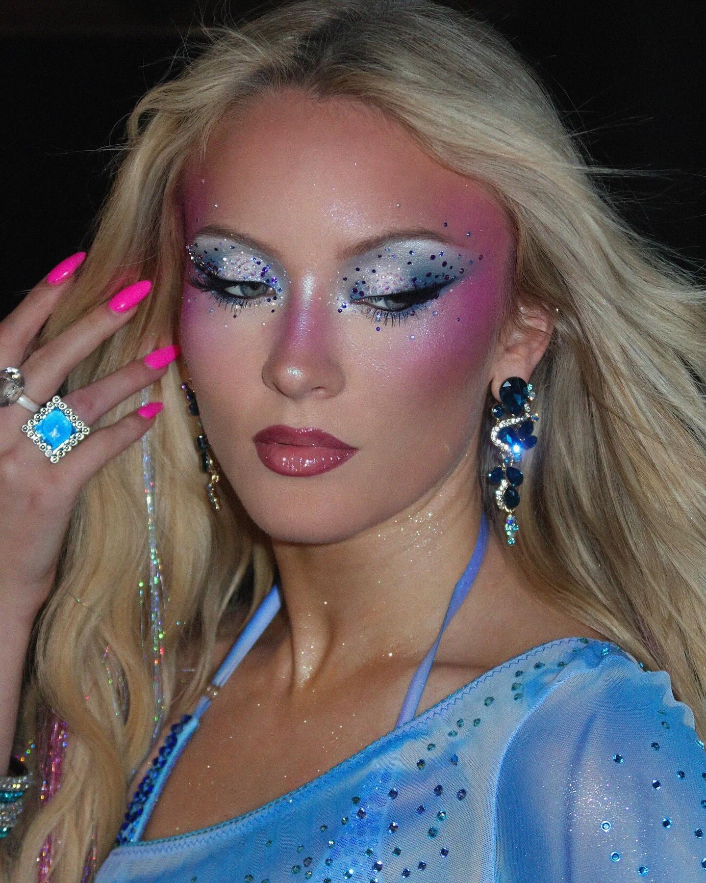 Zara Larsson wearing colorful, bedazzled makeup by makeup artist Sophia Sinot.
