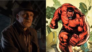 Harrison Ford as Indiana Jones in Dial of Destiny, and Marvel Comics artwork of Red Hulk