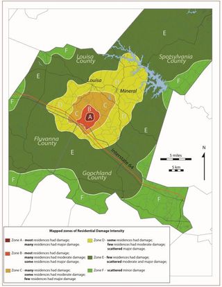 A map of the damage caused by the 5.8-magnitude earthquake that hit eastern Virginia in August, 2011. 