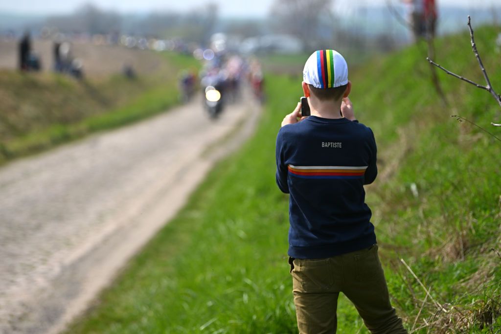 ROUBAIX FRANCE APRIL 09 A fan during the 120th ParisRoubaix 2023 Mens Elite a 2566km one day race from Compigne to Roubaix on UCIWT April 09 2023 in Roubaix France Photo by Luc ClaessenGetty Images