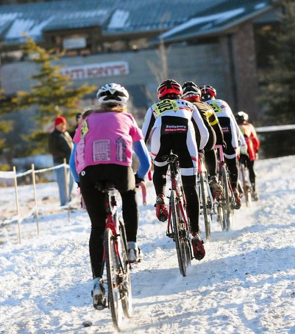 Junior women on the snowy course.