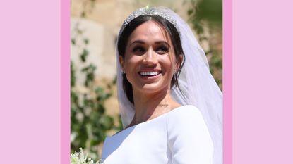 Meghan Markle smiles, wearing her wedding dress, veil and a diamond tiara infront of St George&#039;s Chapel at Windsor Castle after her wedding with Prince Harry on May 19, 2018 in Windsor, England. / In a pink template