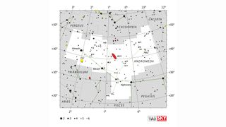 The position of the Andromeda constellation among the other constellations named after characters related to the Perseus myth.