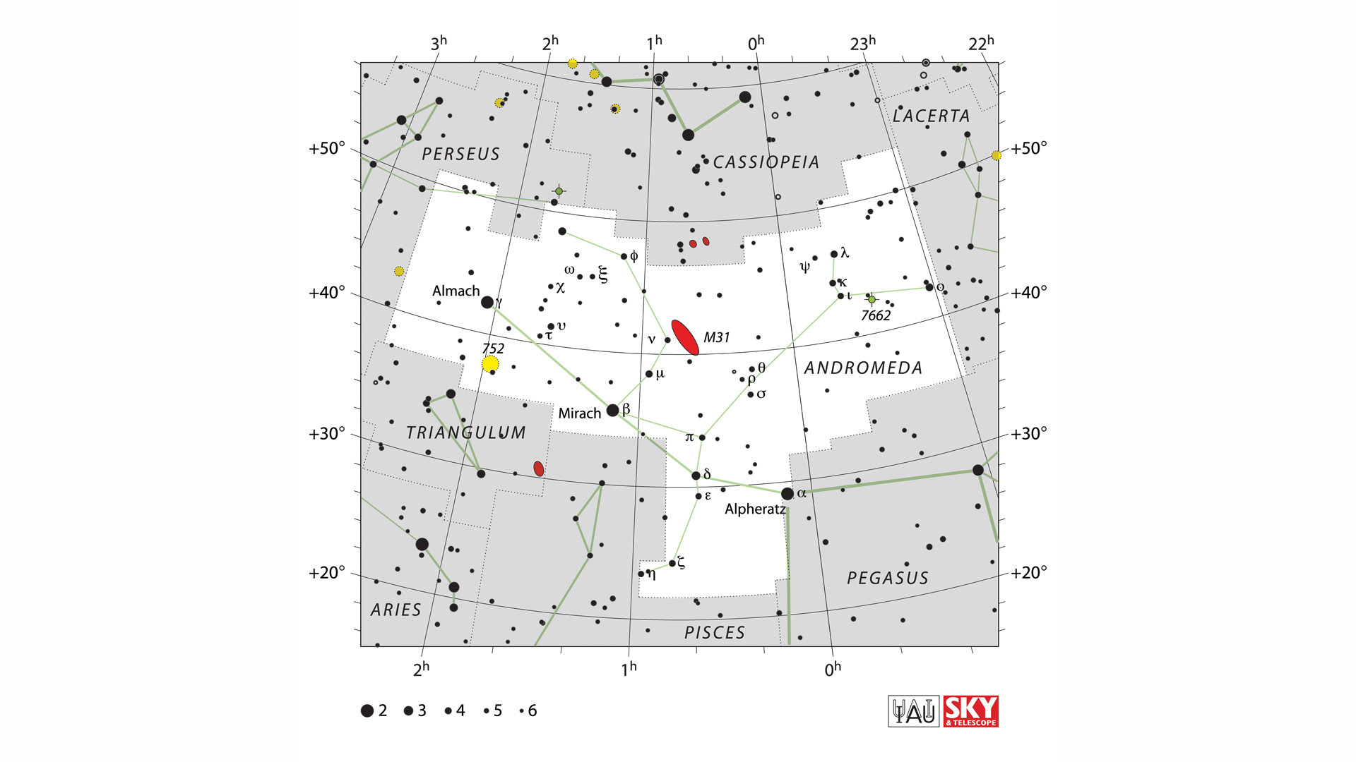 La posición de la constelación de Andrómeda entre las otras constelaciones que llevan el nombre de personajes asociados con el mito de Perseo.