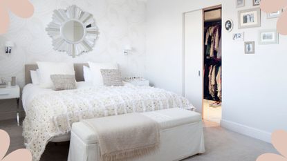 elegant white bedroom with a small walk-in wardrobe to demonstrate how to organize a small closet with lots of clothes